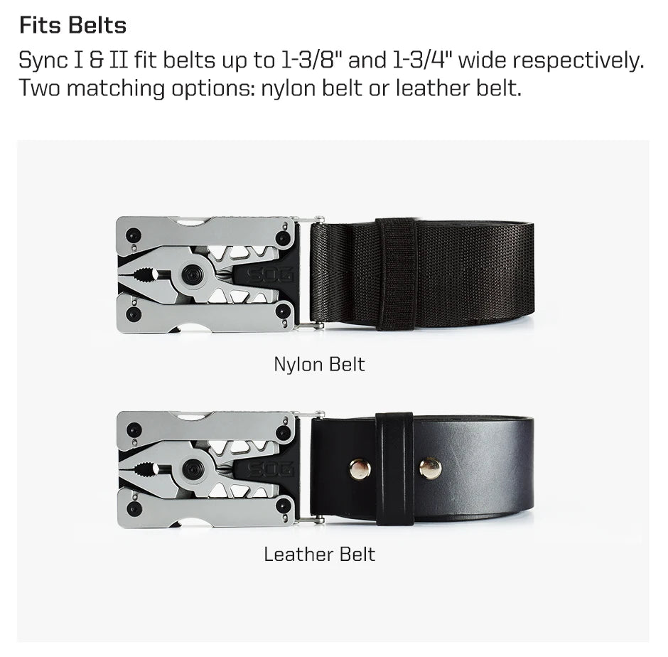 SOG Sync I & II Multitool Belt Buckle EDC Mini Multi Tool Gadgets for Men, Folding Pliers, Knife and 12 Survival Tools Kit Sets
