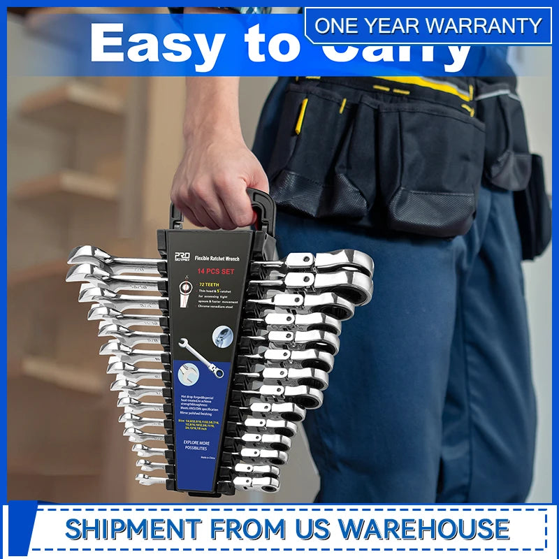 Flex Head Ratcheting Wrench Set SAE1/4"-7/8"14-Piece Chrome Vanadium Steel Combination Wrench Set with Wrench Rack By Prostormer
