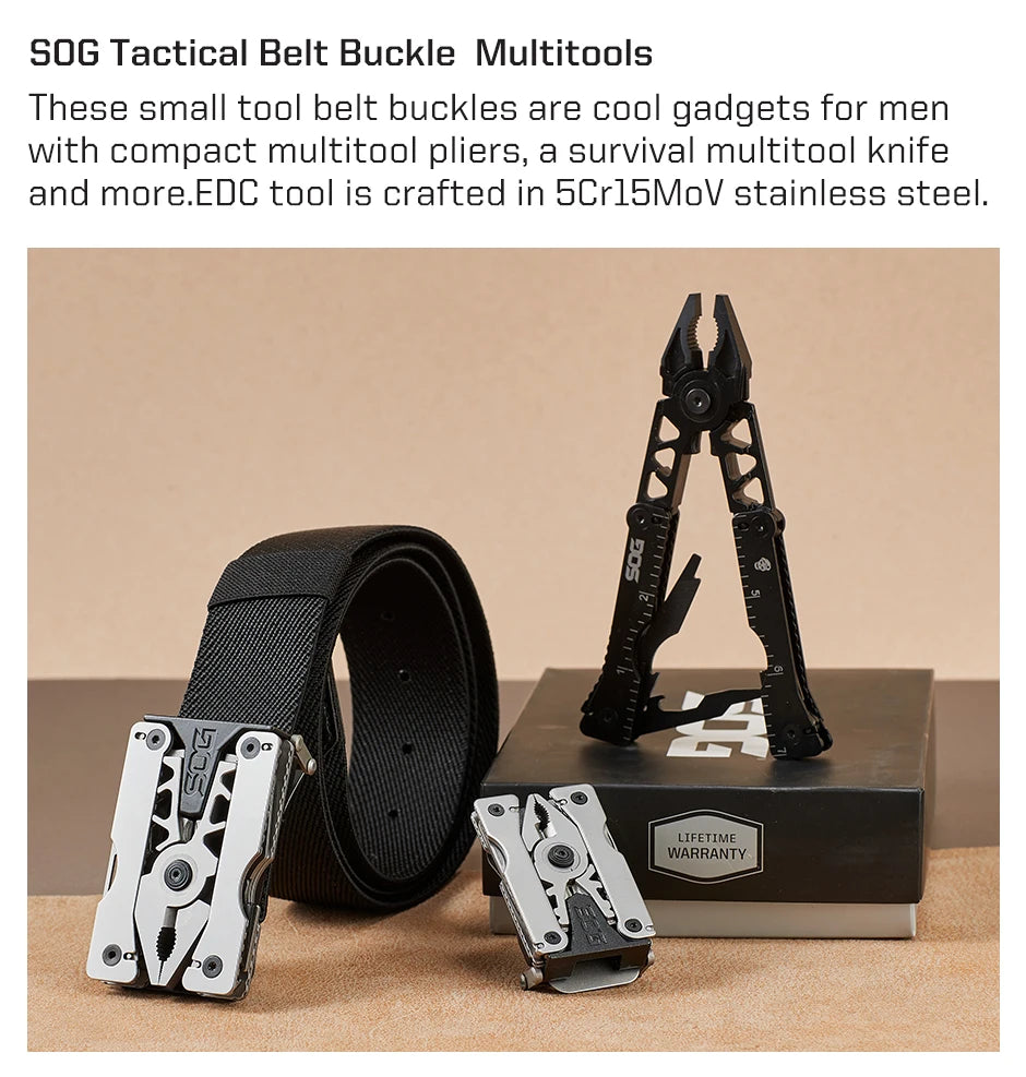 SOG Sync I & II Multitool Belt Buckle EDC Mini Multi Tool Gadgets for Men, Folding Pliers, Knife and 12 Survival Tools Kit Sets