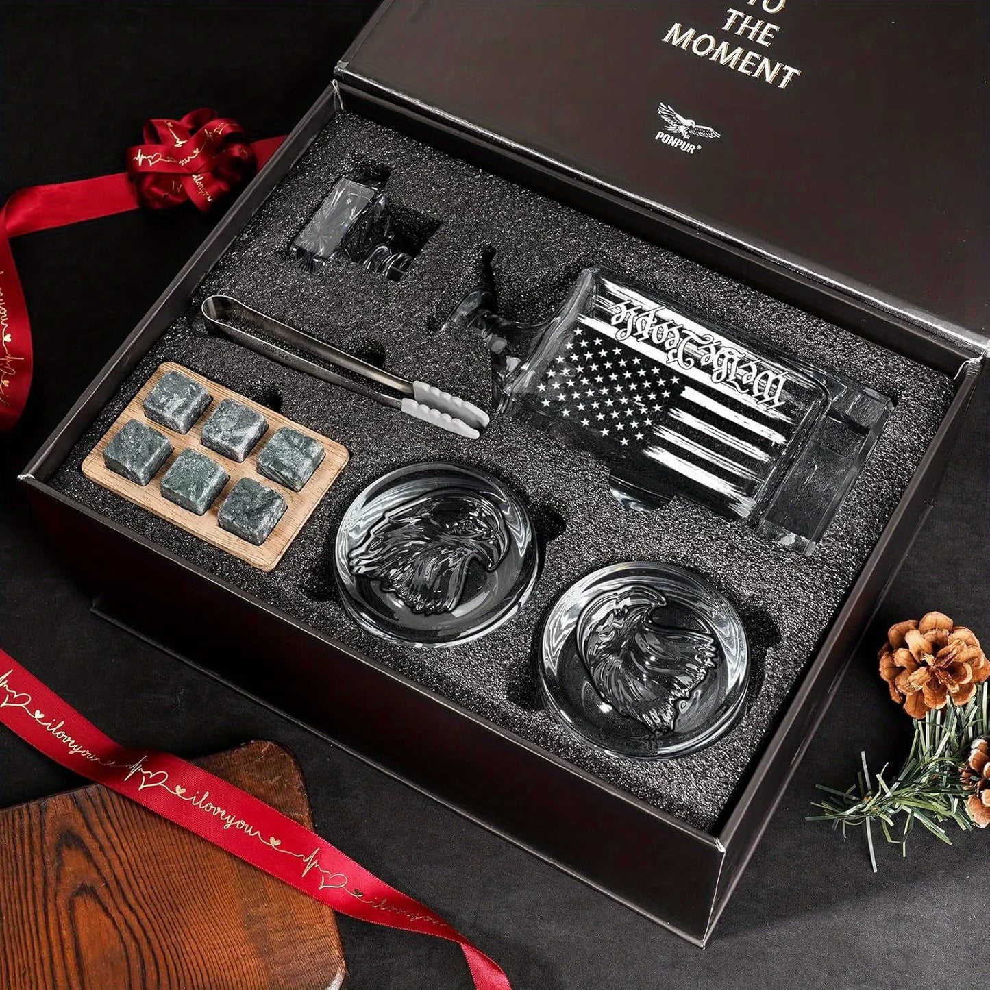 Whiskey Decanter Engraved We The People American Flag, 750ml Whiskey Decanter Set with 2 Glasses, Liquor Scotch Bourbon Present