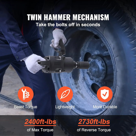 1 Inch Air Impact Wrench, Up to 2730 ft-lbs Reverse Torque Output 1" Pneumatic Impact Gun Lightweight w/ 2 Handles