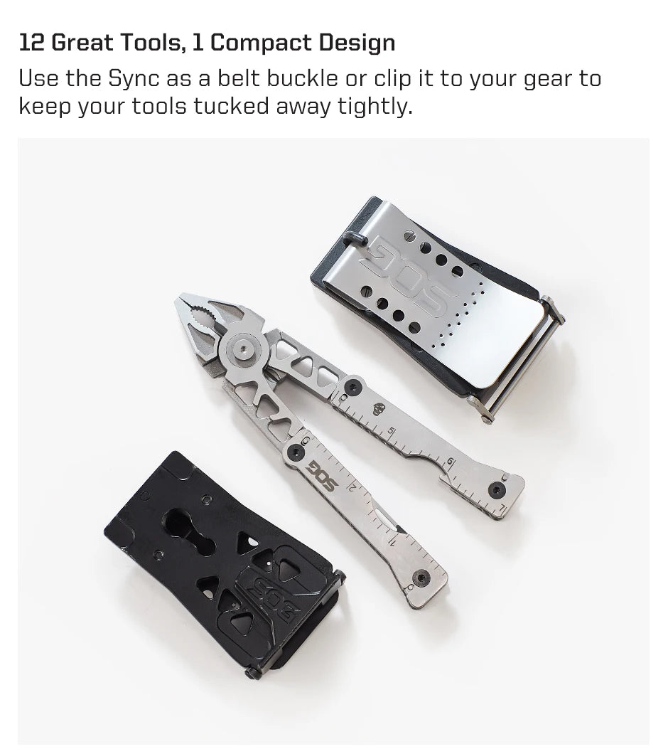 SOG Sync I & II Multitool Belt Buckle EDC Mini Multi Tool Gadgets for Men, Folding Pliers, Knife and 12 Survival Tools Kit Sets