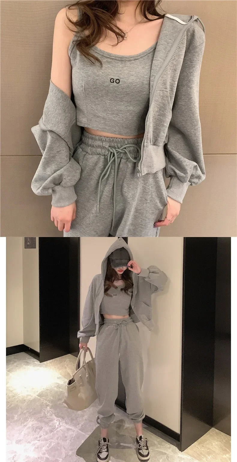 Plus Size 2024 Spring New Style Casual Sports Suit Women's Trousers Zipper Sweatshirt Jacket Tank Three Piece Set Trendy