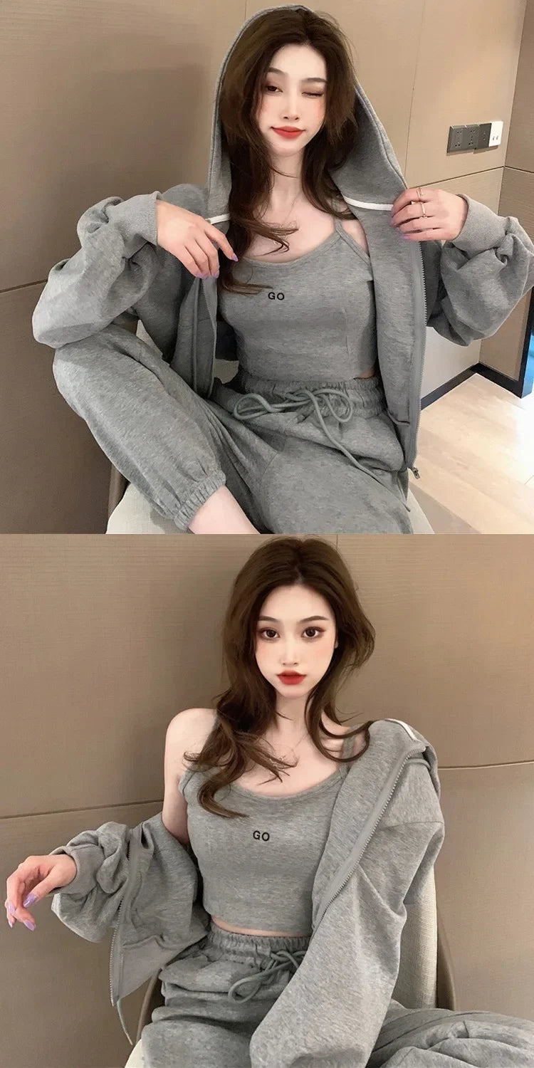 Plus Size 2024 Spring New Style Casual Sports Suit Women's Trousers Zipper Sweatshirt Jacket Tank Three Piece Set Trendy