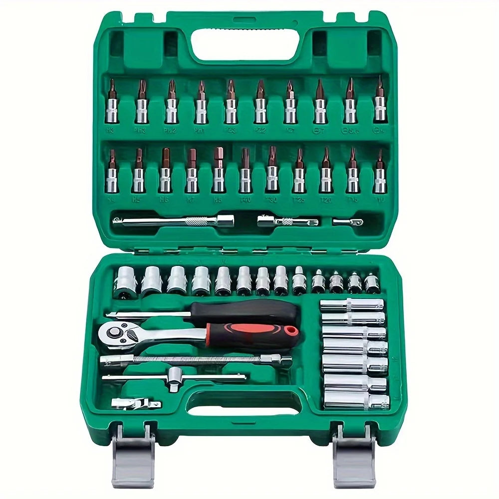 53pcs, 1/4 Inch Drive Socket Ratchet Wrench Set, Bit Socket, Metric And Extension Bar Set For Automotive Repair
