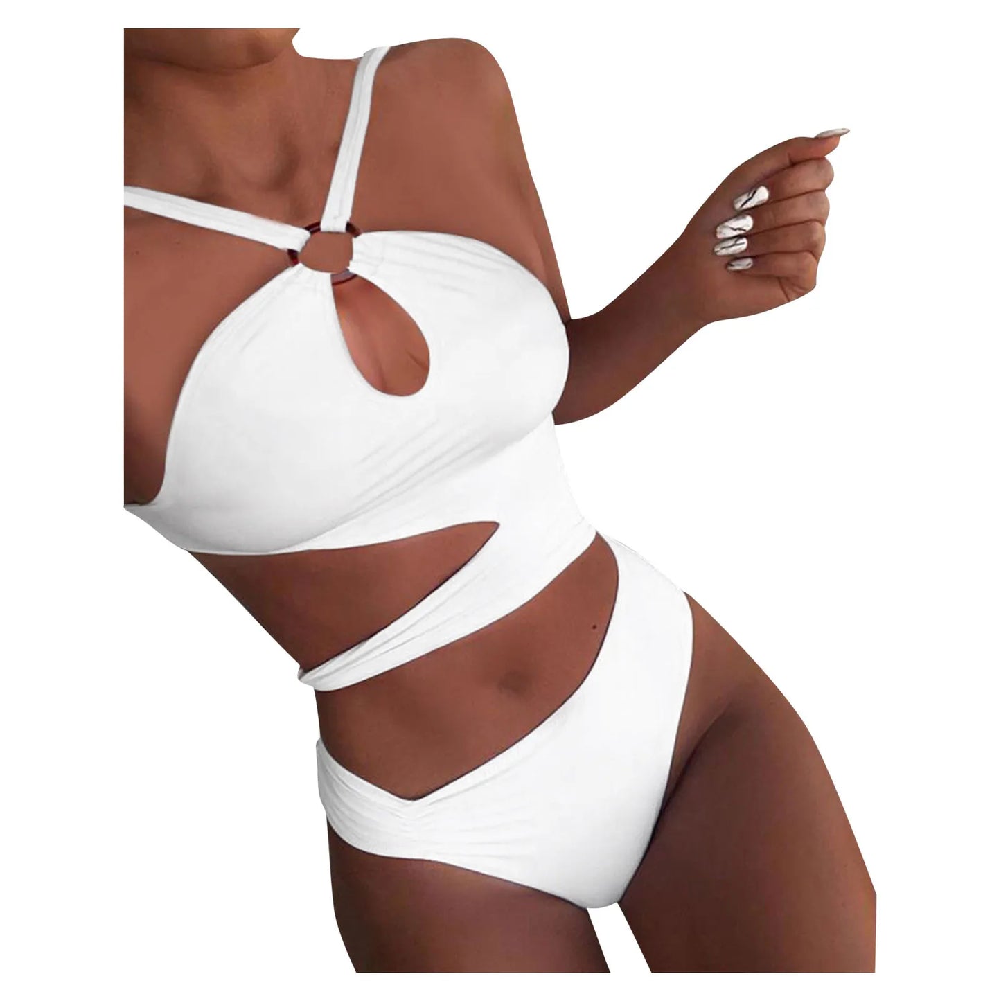 Sexy Halter Irregular Cutting Bikini Set Push-Up Bra Padded Swimsuit White Slim Beachwear High Leg Cut Loop Design Swimwear 수영복