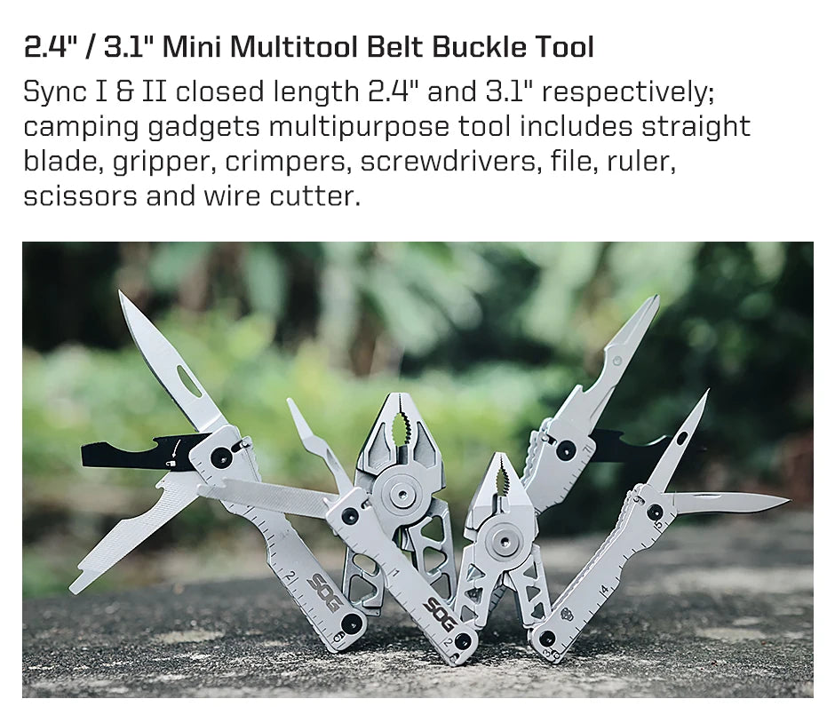 SOG Sync I & II Multitool Belt Buckle EDC Mini Multi Tool Gadgets for Men, Folding Pliers, Knife and 12 Survival Tools Kit Sets