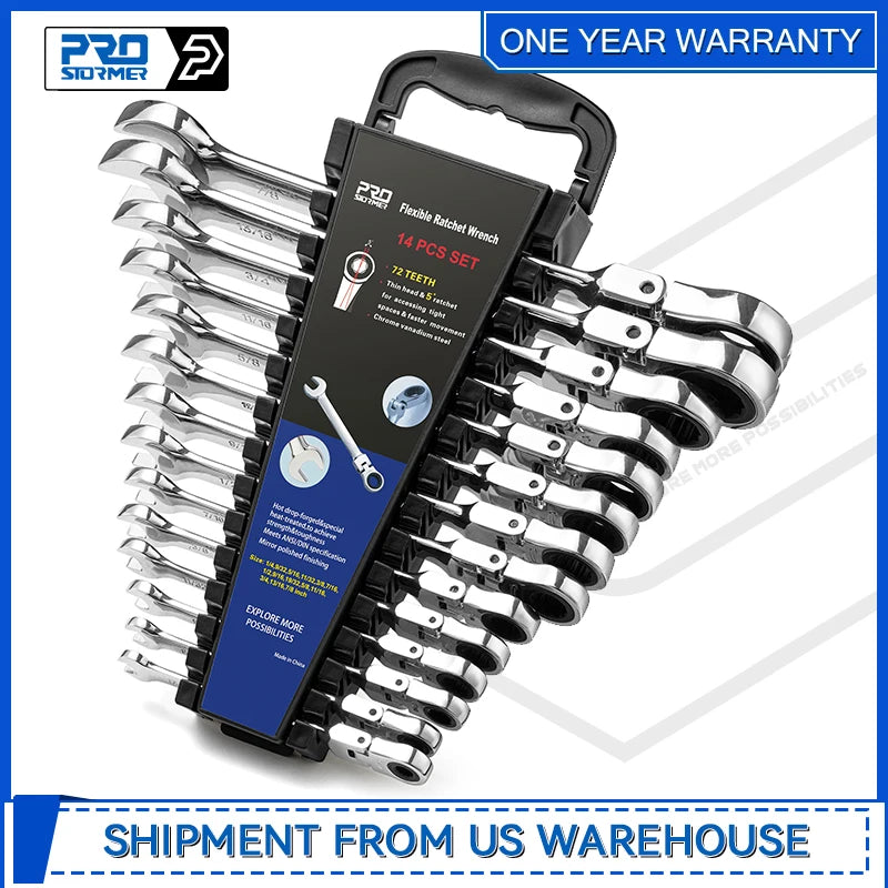 Flex Head Ratcheting Wrench Set SAE1/4"-7/8"14-Piece Chrome Vanadium Steel Combination Wrench Set with Wrench Rack By Prostormer