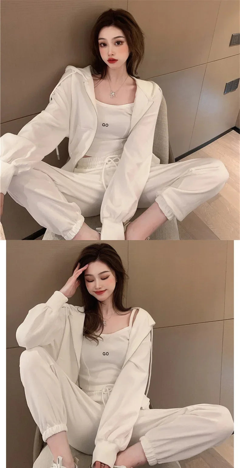 Plus Size 2024 Spring New Style Casual Sports Suit Women's Trousers Zipper Sweatshirt Jacket Tank Three Piece Set Trendy