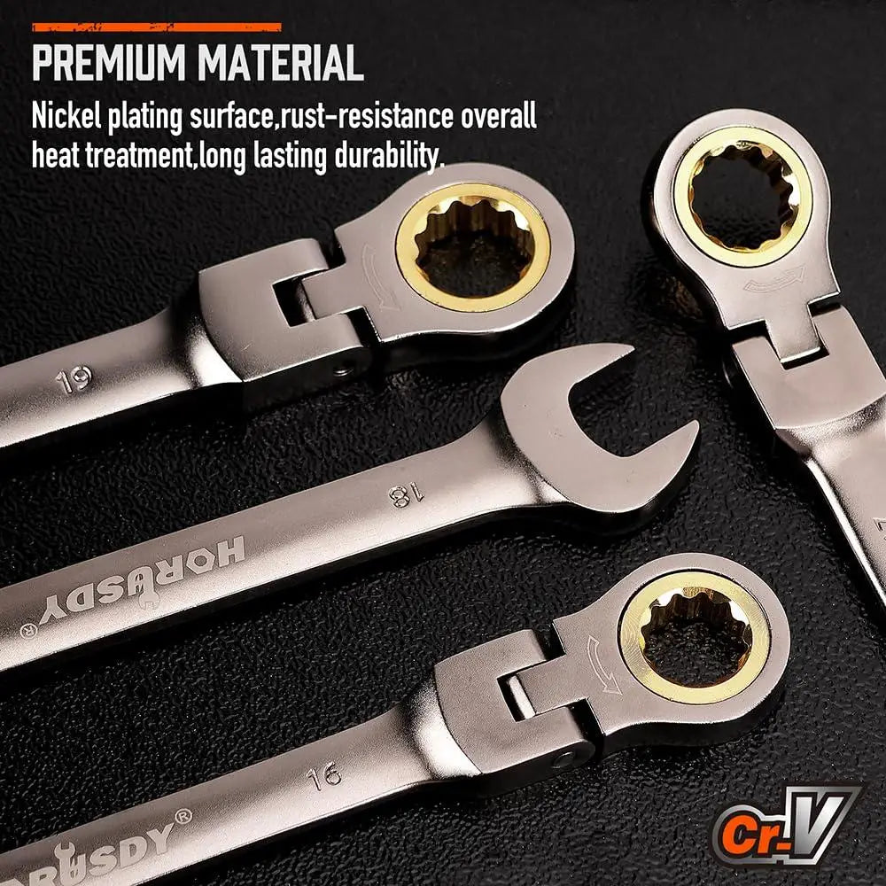 Metric Flex-Head Ratchet Wrench Set 8-19mm 72-Tooth Chrome Vanadium Storage Rack