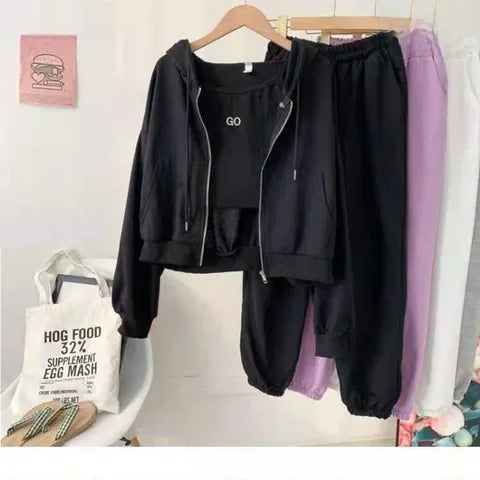 Plus Size 2024 Spring New Style Casual Sports Suit Women's Trousers Zipper Sweatshirt Jacket Tank Three Piece Set Trendy
