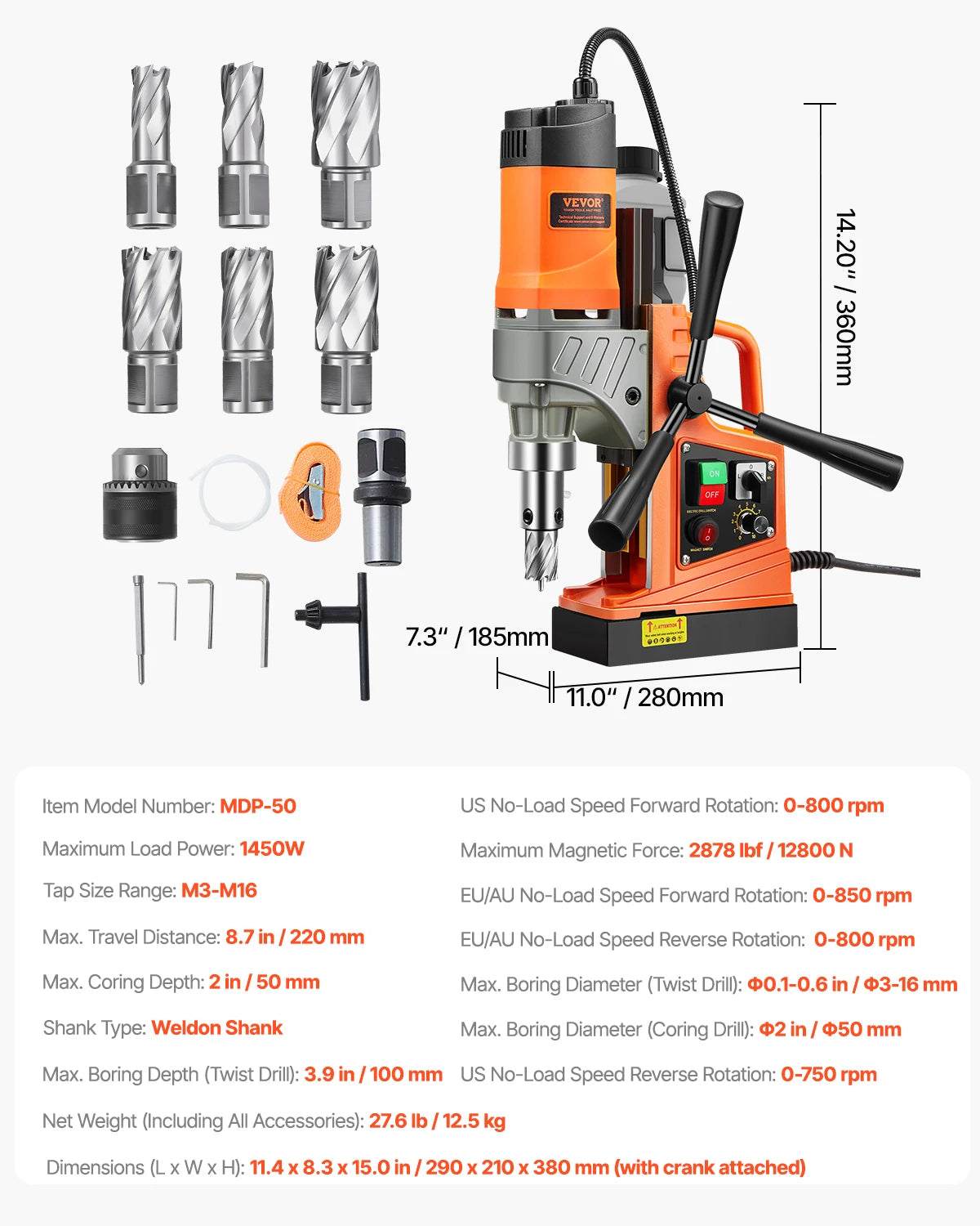 VEVOR Magnetic Drill 1450W Motor Boring Diameter 2810 lbf Portable Electric Mag Drill Press Variable Speed Drilling Machine