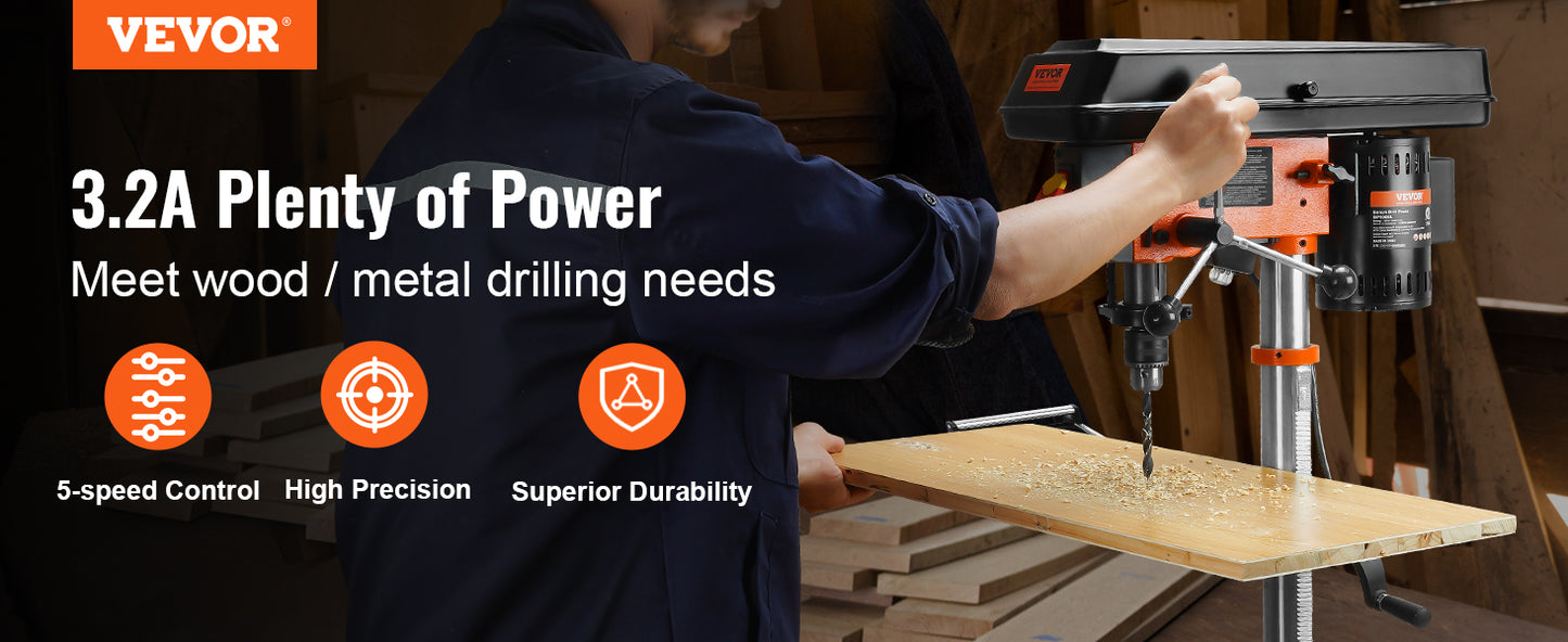 VEVOR Tabletop Drill Press 3.2 Amp 120V 5-Speed Settings 10'' Swing, Comes with Laser Pointer & Illumination Light for Wood Work