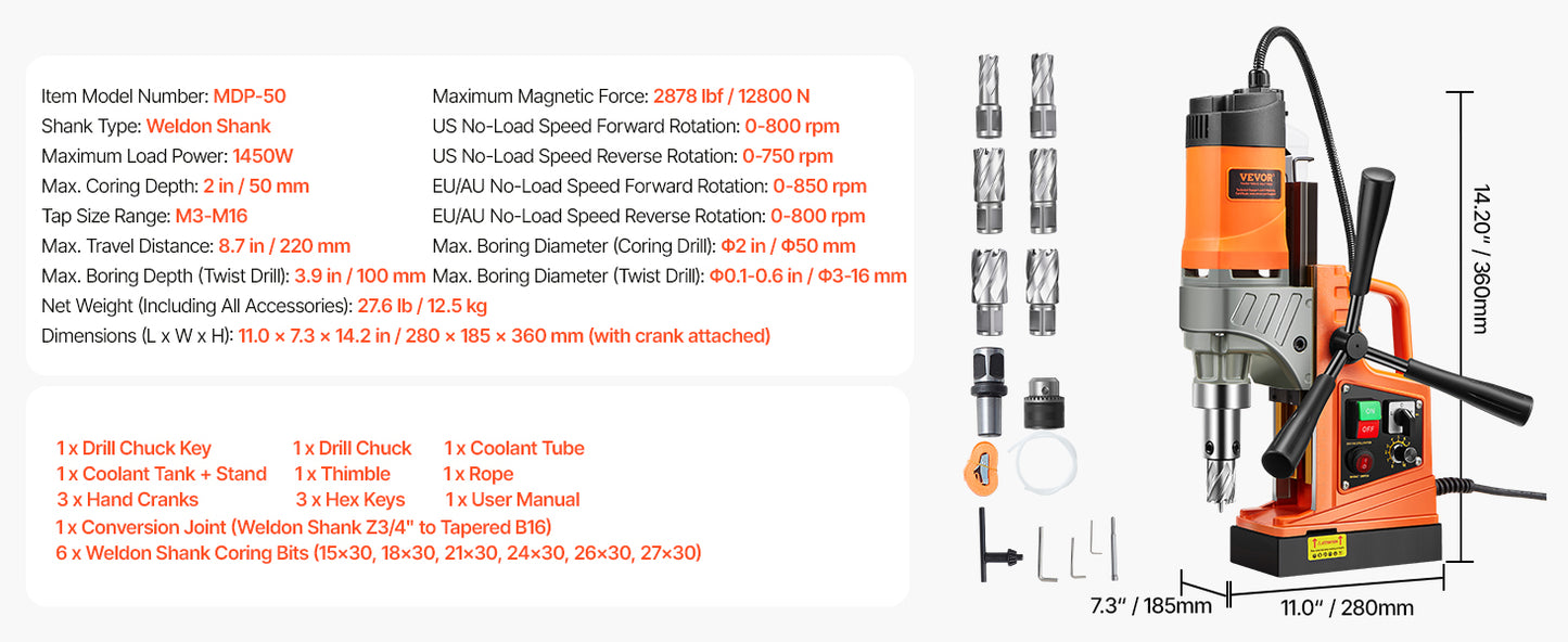 VEVOR Magnetic Drill 1450W Motor Boring Diameter 2810 lbf Portable Electric Mag Drill Press Variable Speed Drilling Machine