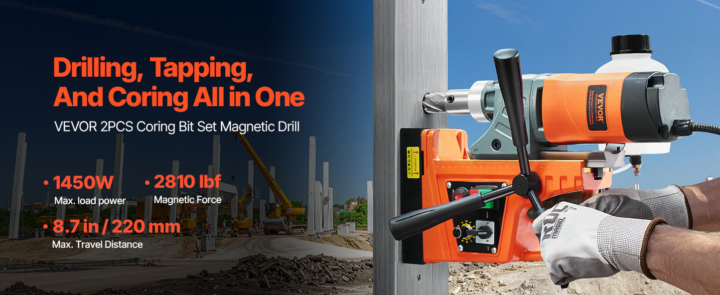 VEVOR Magnetic Drill 1450W Motor Boring Diameter 2810 lbf Portable Electric Mag Drill Press Variable Speed Drilling Machine