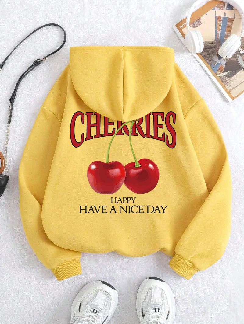 Aelfric Eden Cherries Hoodies Womens Cherry Printing Sweatshirt Soft Breathable Loose Pocket Pullover Winter Womans Streetwear