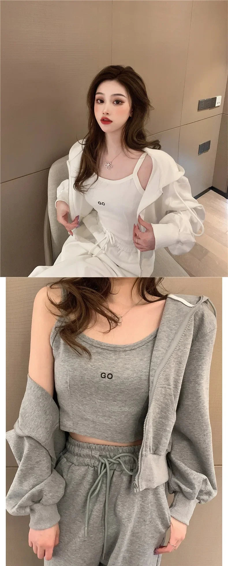 Plus Size 2024 Spring New Style Casual Sports Suit Women's Trousers Zipper Sweatshirt Jacket Tank Three Piece Set Trendy