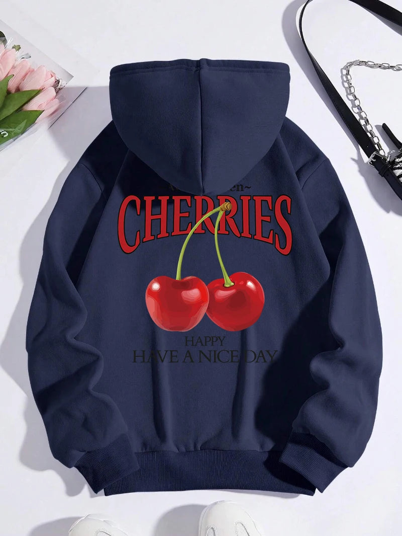 Aelfric Eden Cherries Hoodies Womens Cherry Printing Sweatshirt Soft Breathable Loose Pocket Pullover Winter Womans Streetwear