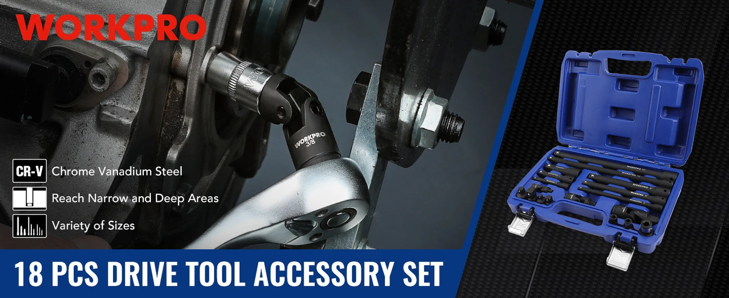 WORKPRO 18Pieces Drive Tool Accessory Set Includes Socket Adapters Socket Extension Bar Swivel Universal Joints Impact Coupler