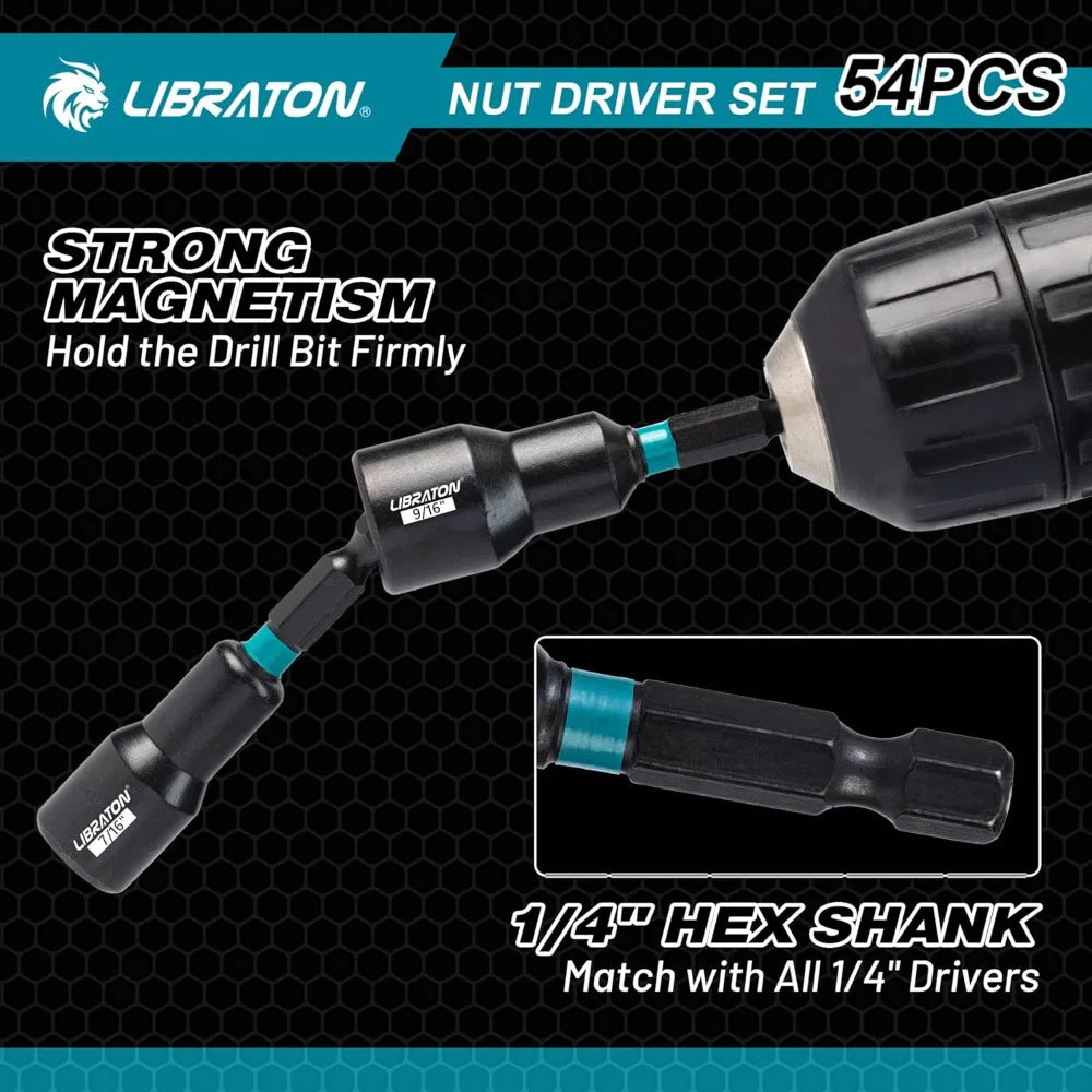 54PCS Magnetic Nut Driver Set, Impact Drill Driver Bit 1/4", Metric & SAE Nut Drivers for Impact Drill, Socket Adapters