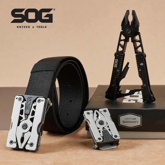 SOG Sync I & II Multitool Belt Buckle EDC Mini Multi Tool Gadgets for Men, Folding Pliers, Knife and 12 Survival Tools Kit Sets