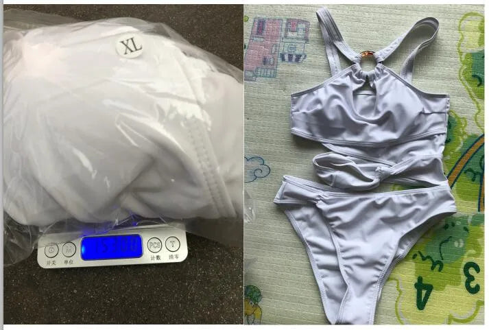 Sexy Halter Irregular Cutting Bikini Set Push-Up Bra Padded Swimsuit White Slim Beachwear High Leg Cut Loop Design Swimwear 수영복