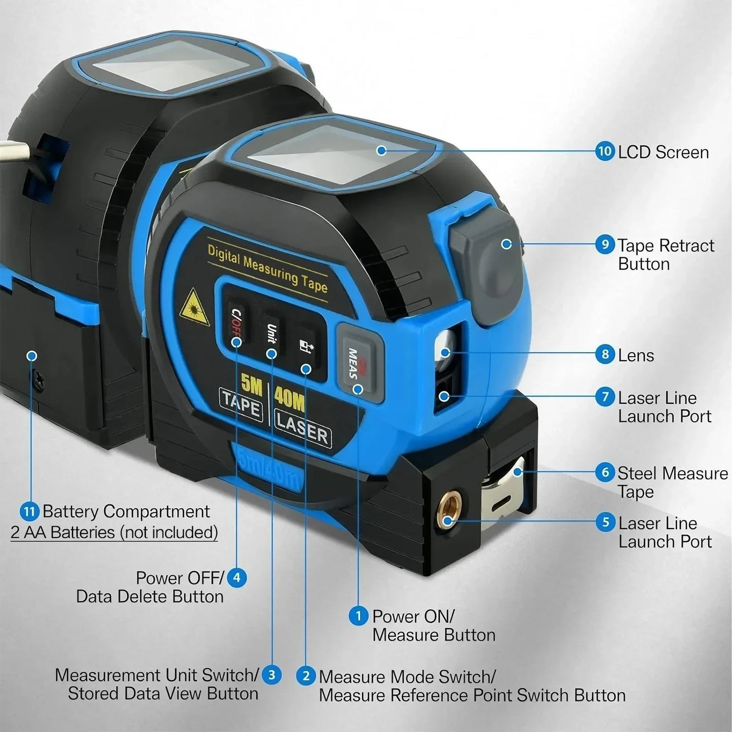 40m Laser 5m Steel Tape Measure - Digital Display Durable Non-slip Accurate Measurement Hook Loop 1PC