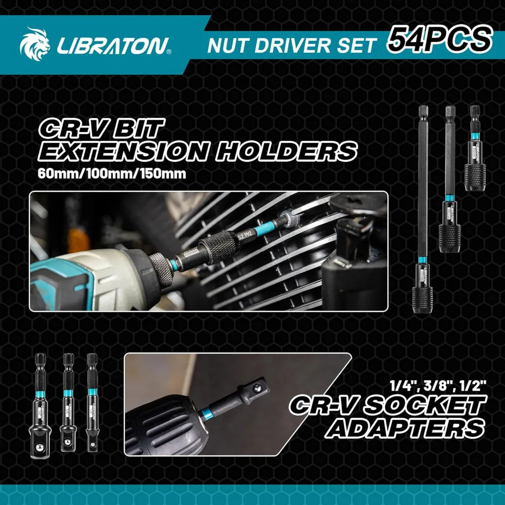 54PCS Magnetic Nut Driver Set, Impact Drill Driver Bit 1/4", Metric & SAE Nut Drivers for Impact Drill, Socket Adapters