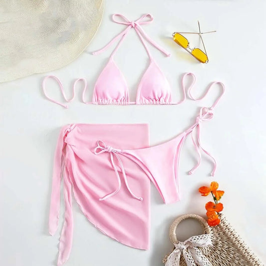 White Print Push Up Swimsuits Women Push Up Bikinis Set 3 Piece 2024 Mujer Swimwear Mesh Skirts Kontted Bathing Suit Beachwear