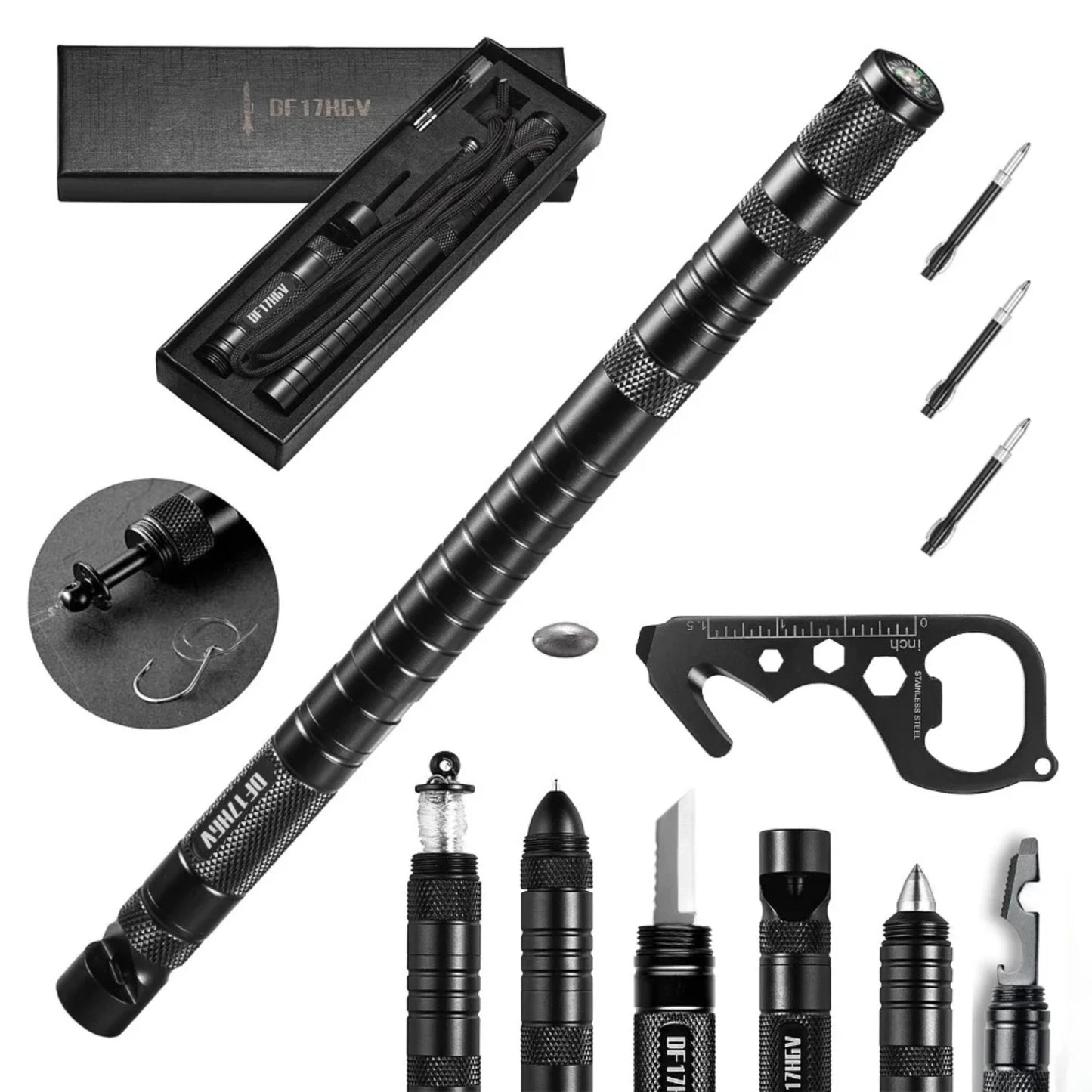 Multifunctional Outdoor Tactical Pen,  Survival Gear, , Rescue Supplies, Hiking,Camping Survival Tool with Compass Life straw