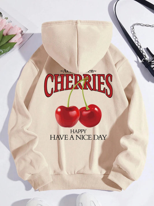 Aelfric Eden Cherries Hoodies Womens Cherry Printing Sweatshirt Soft Breathable Loose Pocket Pullover Winter Womans Streetwear