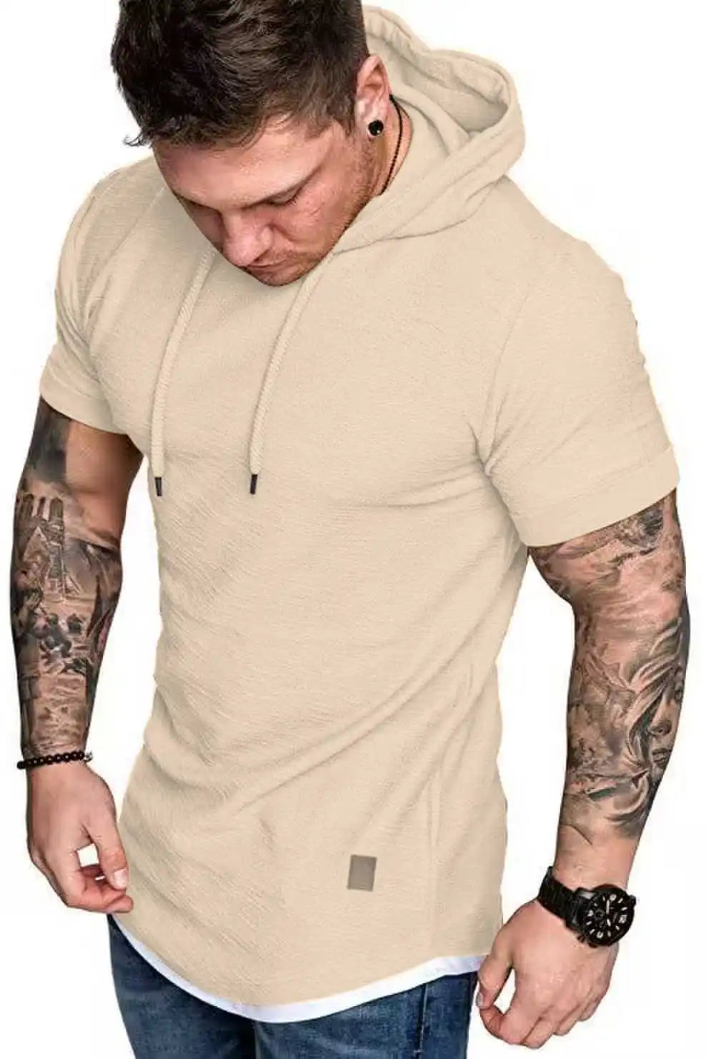 New summer hooded T-shirt men's solid color men's short sleeve T-shirt hoodie
