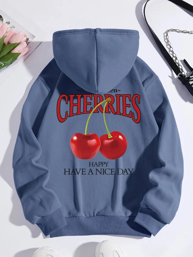 Aelfric Eden Cherries Hoodies Womens Cherry Printing Sweatshirt Soft Breathable Loose Pocket Pullover Winter Womans Streetwear