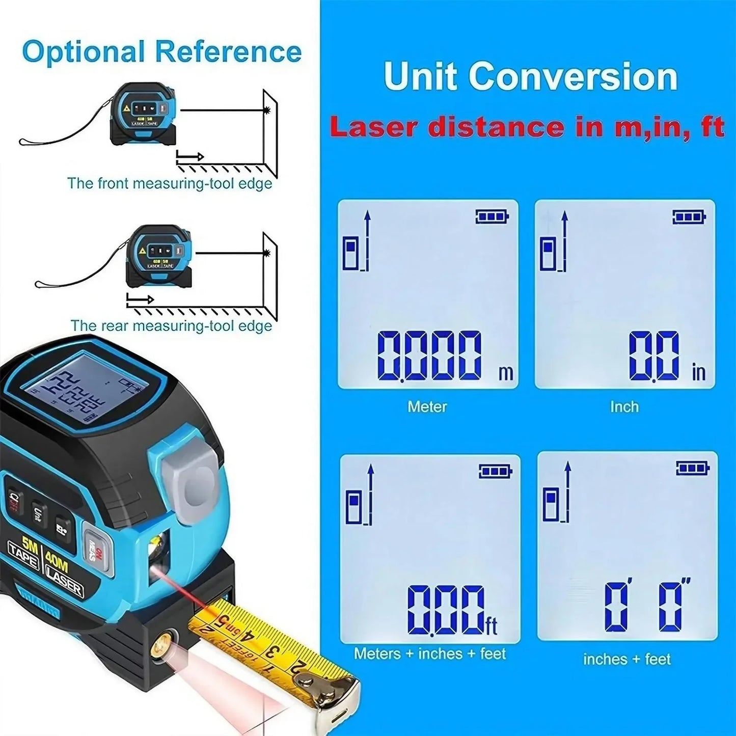 40m Laser 5m Steel Tape Measure - Digital Display Durable Non-slip Accurate Measurement Hook Loop 1PC