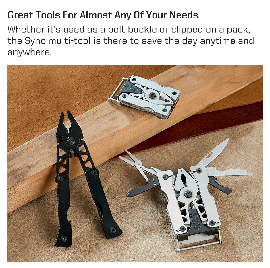 SOG Sync I & II Multitool Belt Buckle EDC Mini Multi Tool Gadgets for Men, Folding Pliers, Knife and 12 Survival Tools Kit Sets