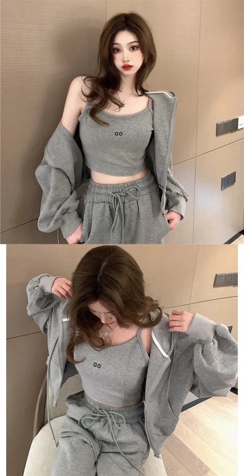 Plus Size 2024 Spring New Style Casual Sports Suit Women's Trousers Zipper Sweatshirt Jacket Tank Three Piece Set Trendy
