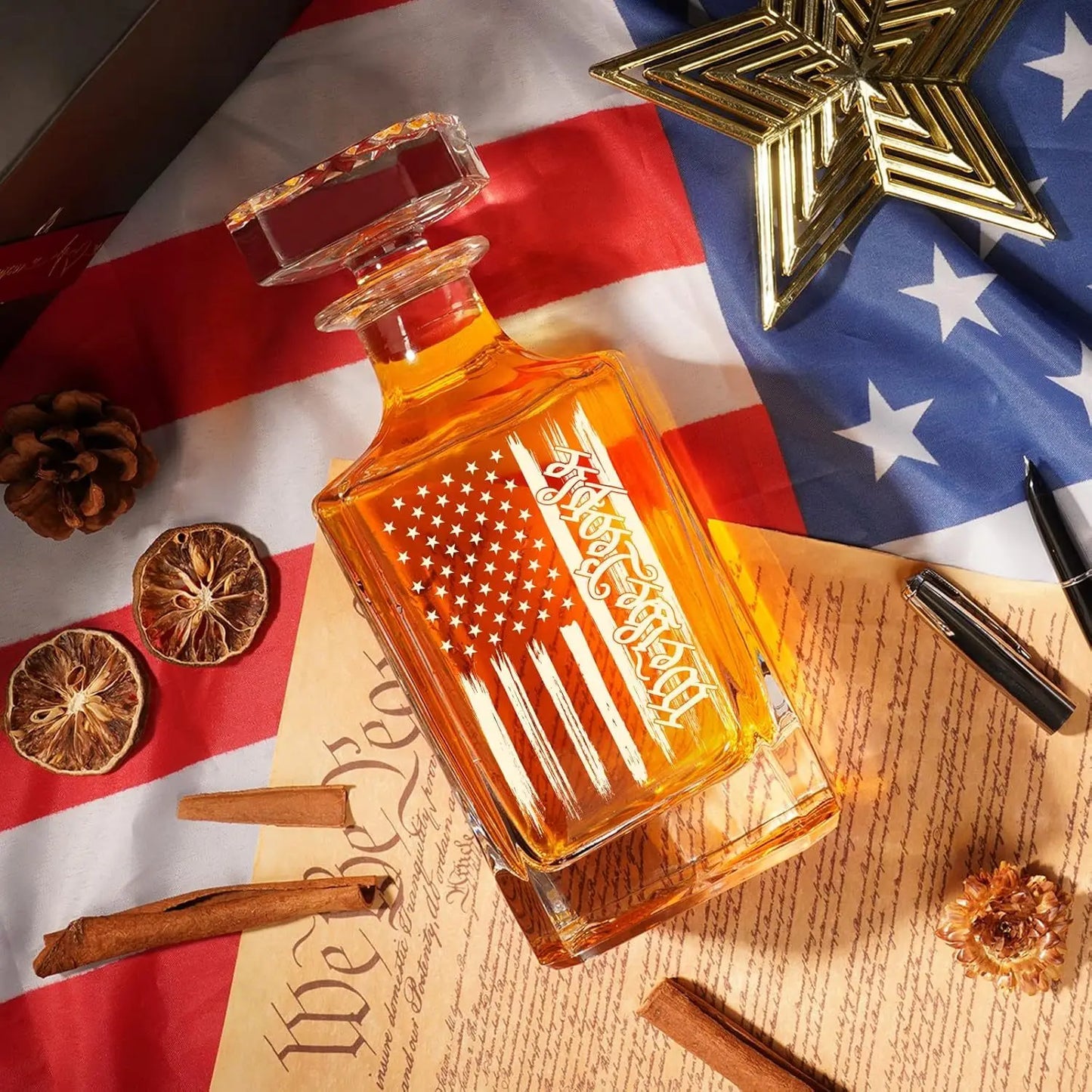 Whiskey Decanter Engraved We The People American Flag, 750ml Whiskey Decanter Set with 2 Glasses,  Liquor Scotch Bourbon Present