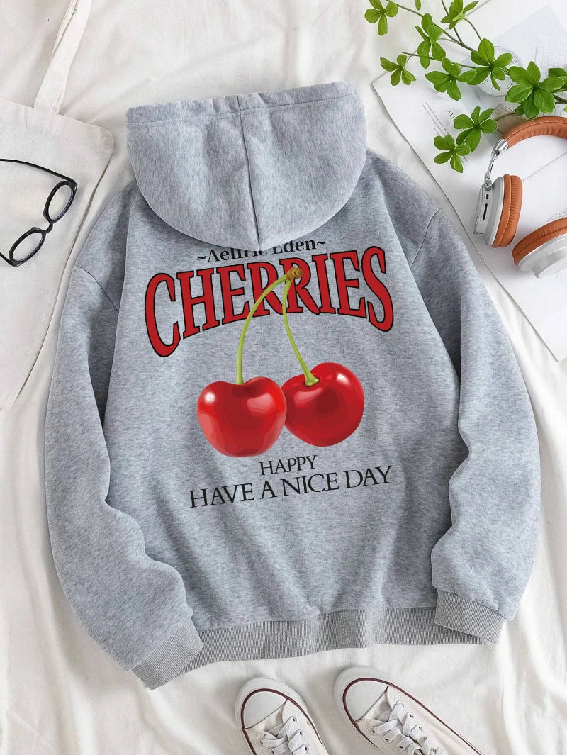 Aelfric Eden Cherries Hoodies Womens Cherry Printing Sweatshirt Soft Breathable Loose Pocket Pullover Winter Womans Streetwear