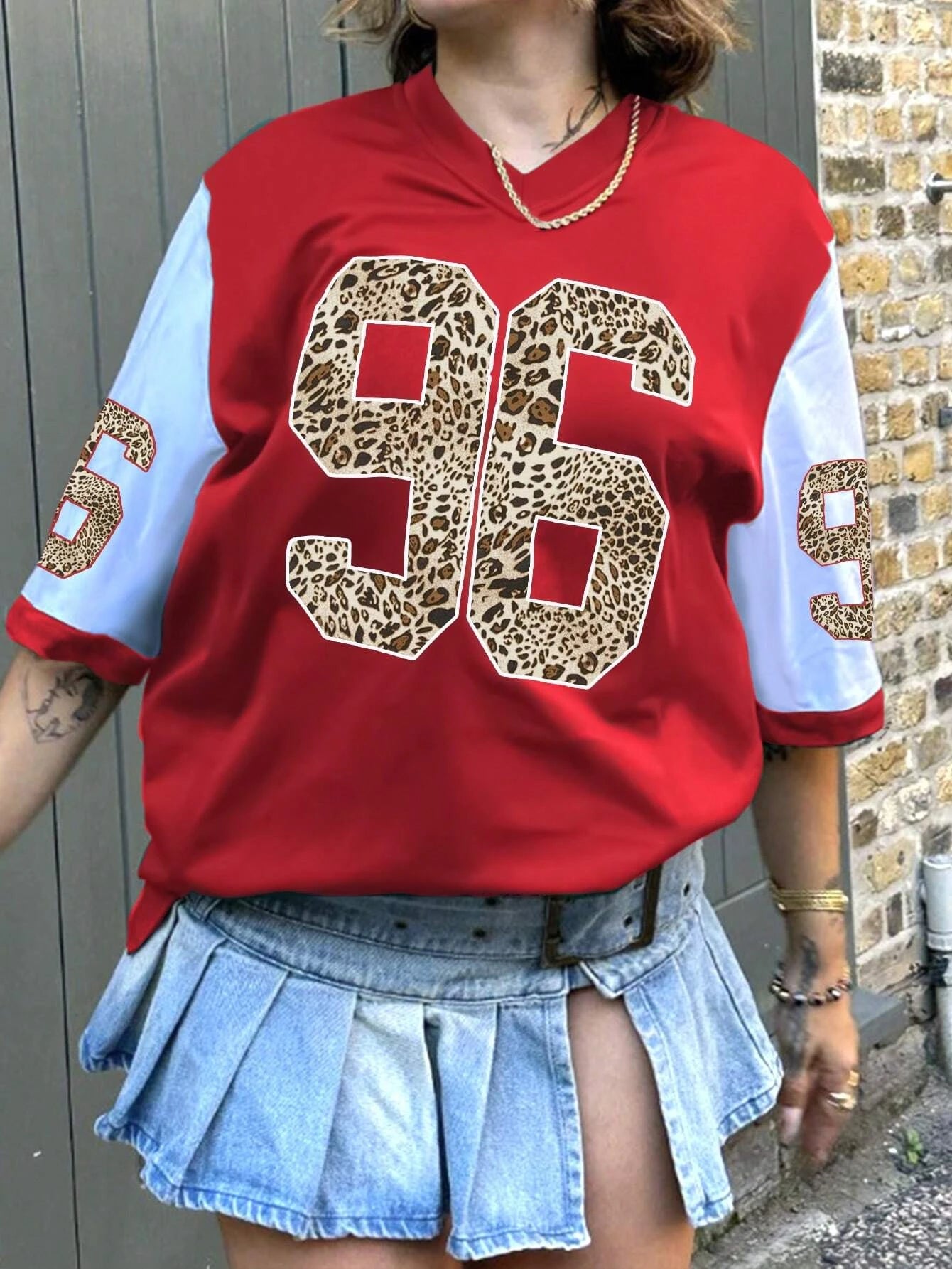 Women's NO.96 Letter Print V-Neck Short Sleeve T-Shirt Summer Graphic Tee Casual Jerseys Oversized Sport T-Shirt