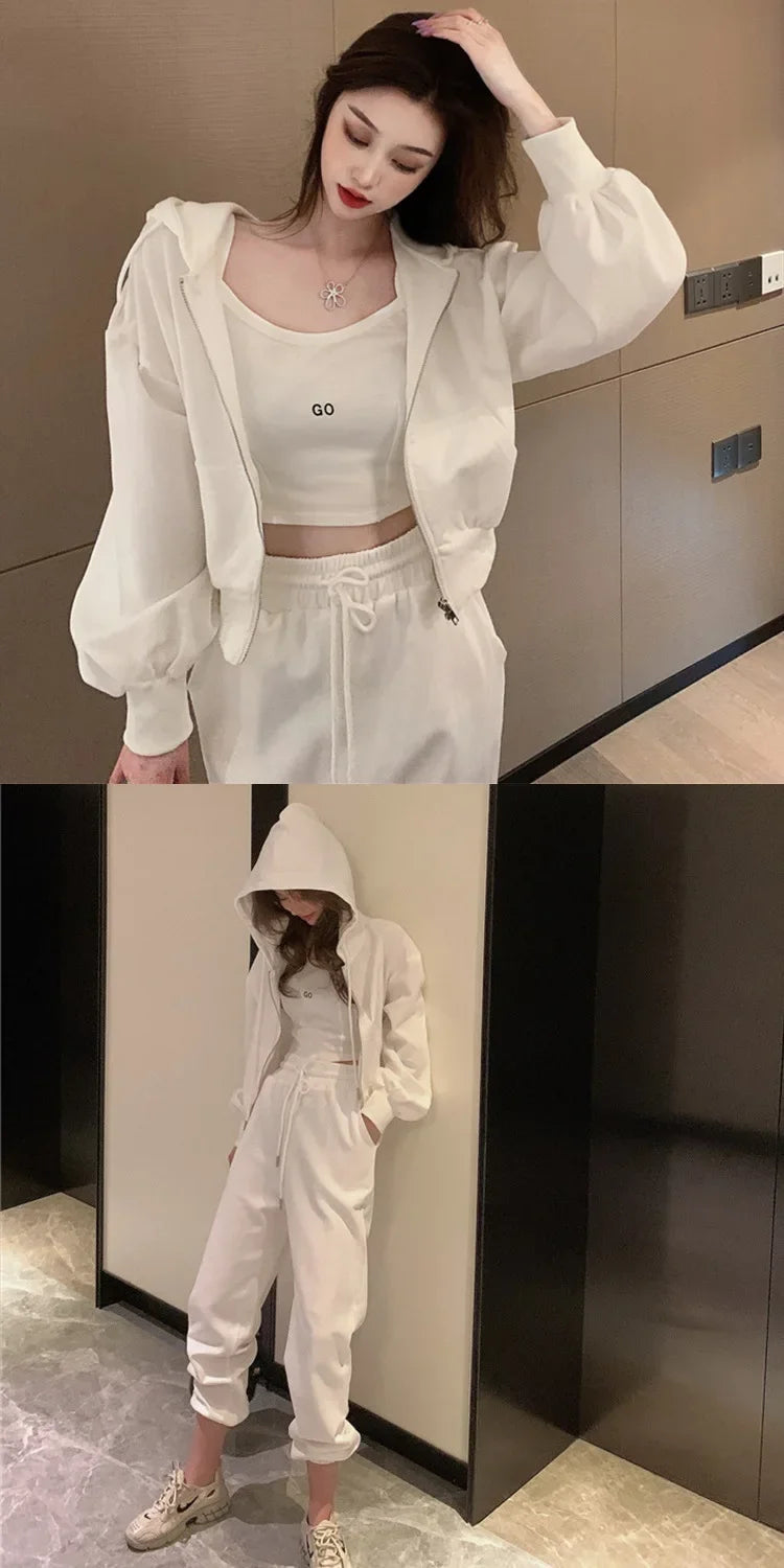 Plus Size 2024 Spring New Style Casual Sports Suit Women's Trousers Zipper Sweatshirt Jacket Tank Three Piece Set Trendy