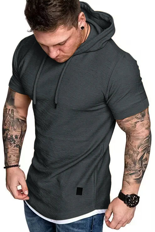 New summer hooded T-shirt men's solid color men's short sleeve T-shirt hoodie