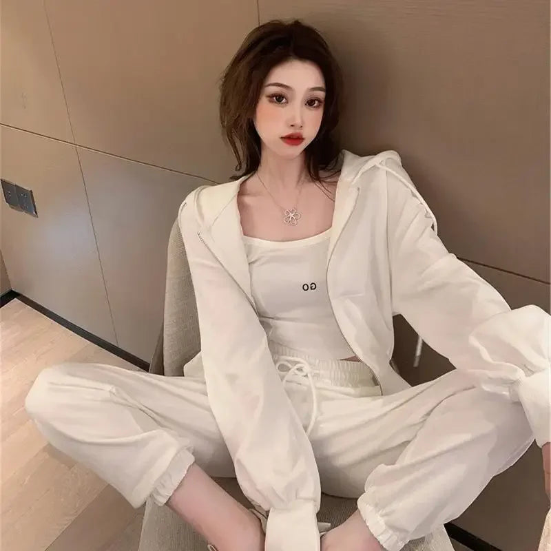 Plus Size 2024 Spring New Style Casual Sports Suit Women's Trousers Zipper Sweatshirt Jacket Tank Three Piece Set Trendy