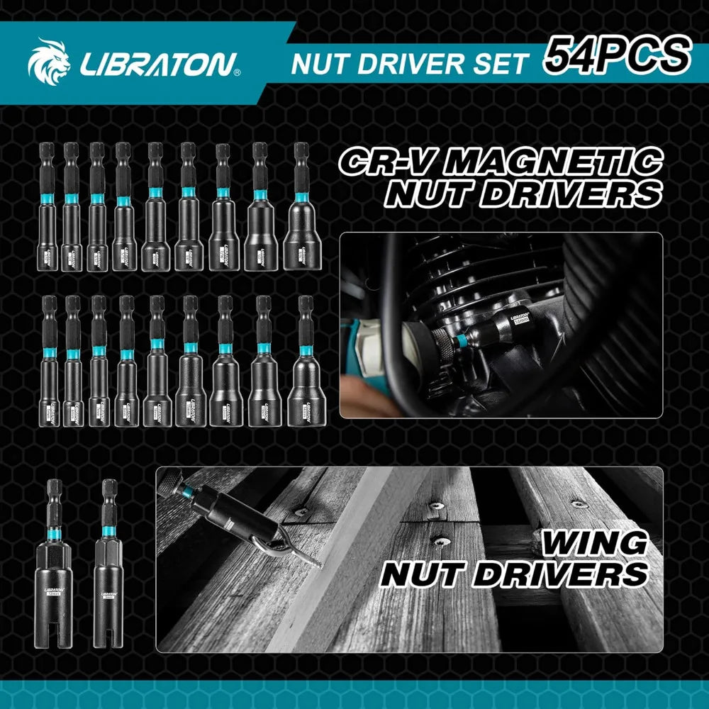 54PCS Magnetic Nut Driver Set, Impact Drill Driver Bit 1/4", Metric & SAE Nut Drivers for Impact Drill, Socket Adapters