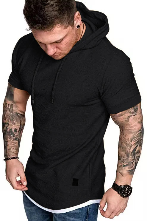 New summer hooded T-shirt men's solid color men's short sleeve T-shirt hoodie