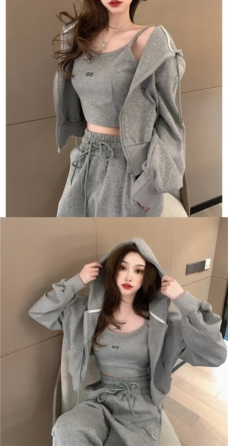 Plus Size 2024 Spring New Style Casual Sports Suit Women's Trousers Zipper Sweatshirt Jacket Tank Three Piece Set Trendy