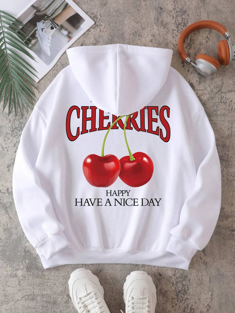 Aelfric Eden Cherries Hoodies Womens Cherry Printing Sweatshirt Soft Breathable Loose Pocket Pullover Winter Womans Streetwear