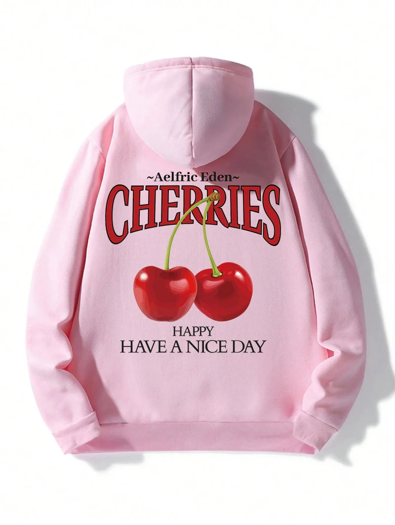 Aelfric Eden Cherries Hoodies Womens Cherry Printing Sweatshirt Soft Breathable Loose Pocket Pullover Winter Womans Streetwear