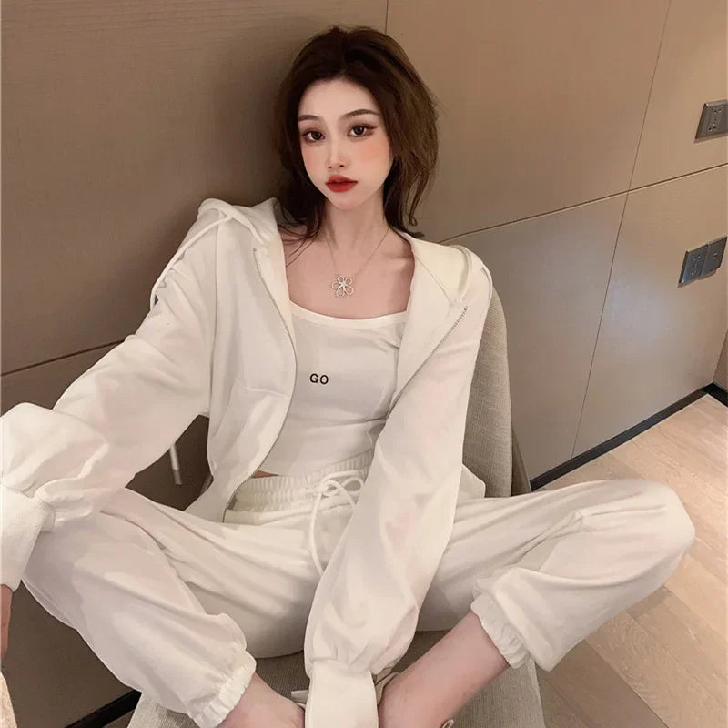 Plus Size 2024 Spring New Style Casual Sports Suit Women's Trousers Zipper Sweatshirt Jacket Tank Three Piece Set Trendy