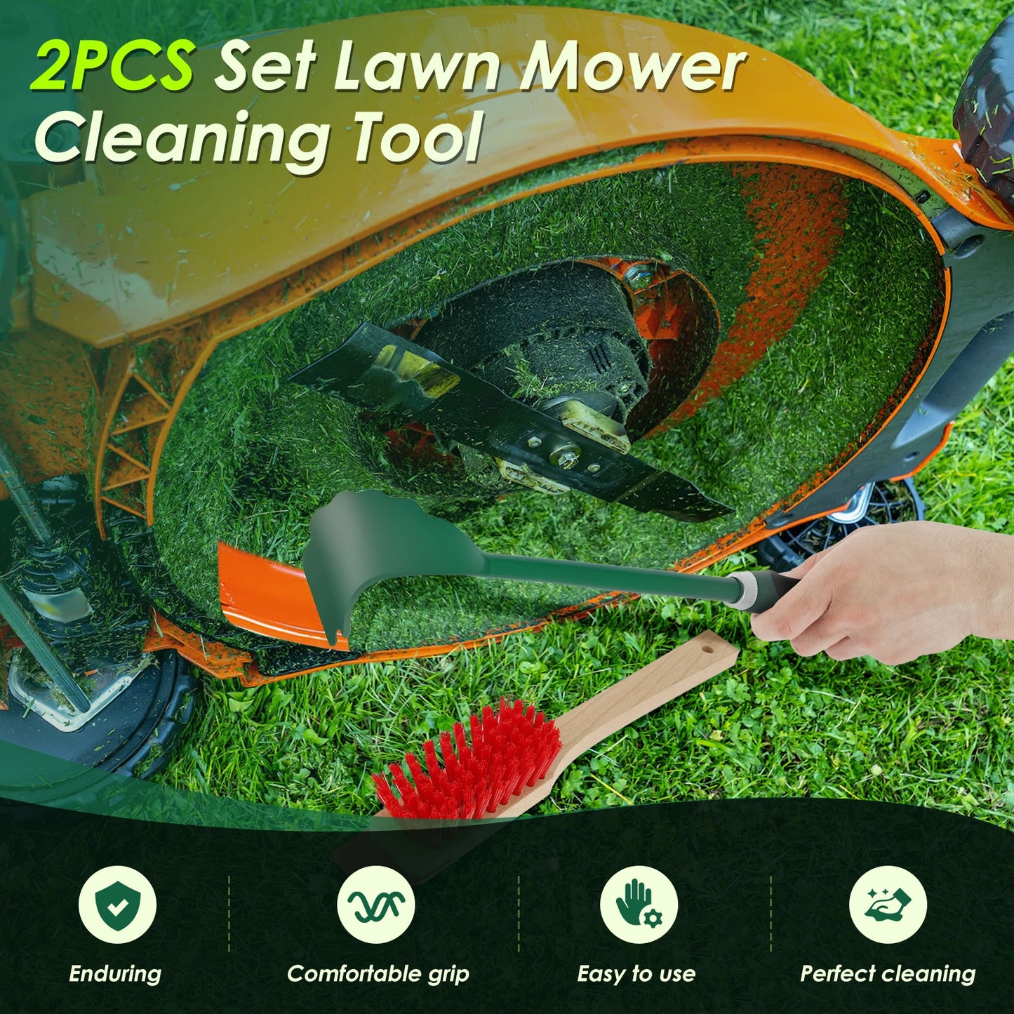 Mower Deck Scraper Deck Cleaner Tool with Stiff Bristle Brush Lawn Mower Longhandle Maintenance Scraper Cleaning Tool for Garden