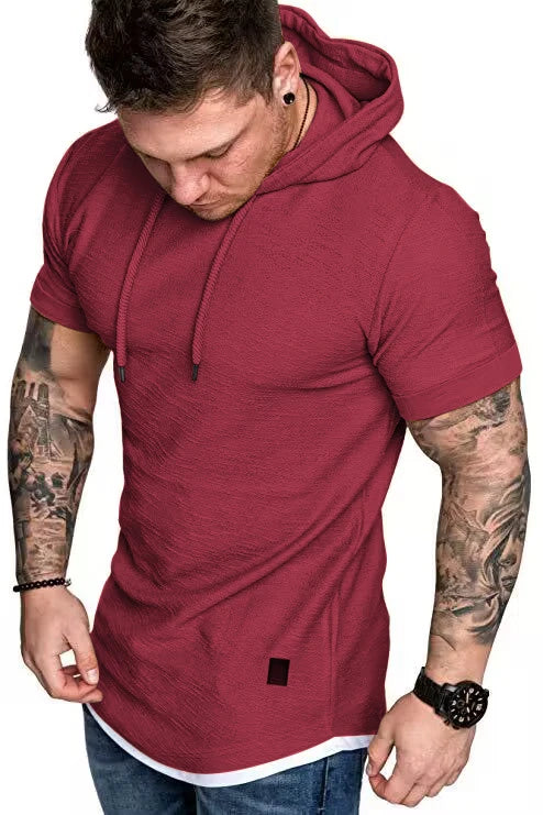 New summer hooded T-shirt men's solid color men's short sleeve T-shirt hoodie